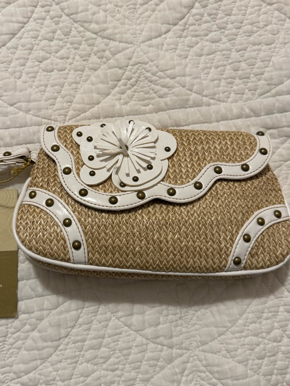 Target Straw Wristlet Clutch with White Trim and Floral Accent